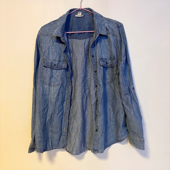 a.n.a. Long Sleeve Button Down Collared Denim Jean Shirt Top Blouse Blue M - Picture 1 of 3